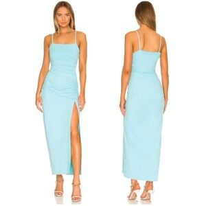 Susana Monaco Aqua Ruched Slit Formal Gown